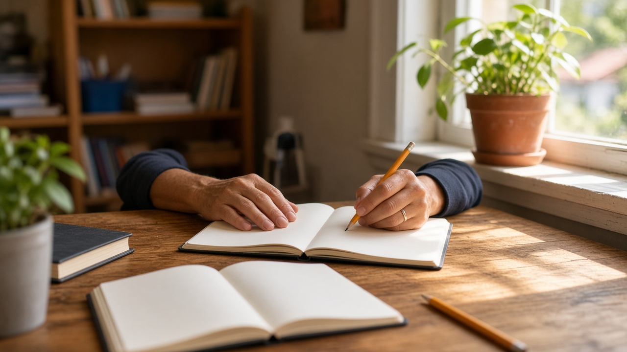 Hands and a notebook on a sunlit learning table